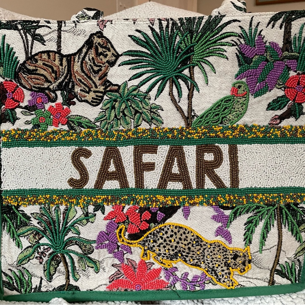 Green and Brown Safari Tote Bag with Tropical Design